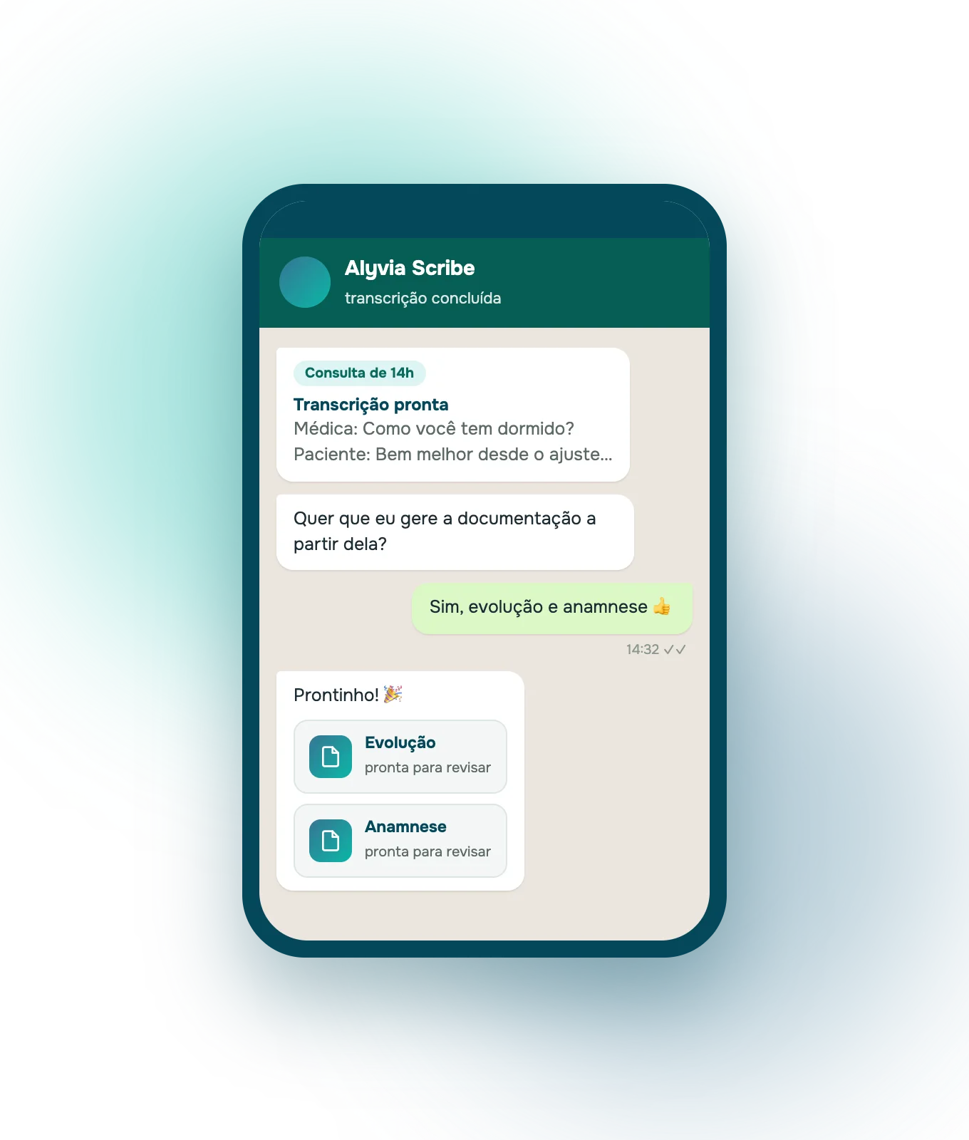 Conversa no WhatsApp em que a transcrição da consulta chega pronta e, em seguida, a evolução e a anamnese geradas a partir dela.